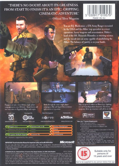 Xbox Platinum Hits Return to Castle Wolfenstein Tides of War featuring World War II action shooter back cover art