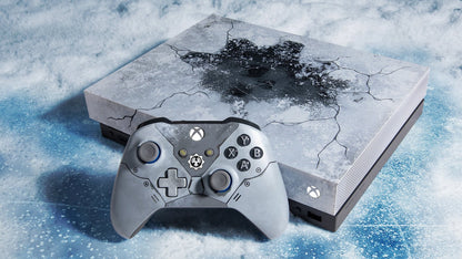 Xbox One X (XONE) [1 TB][Gears of War 5 Limited Edition] in Good Condition at Gamers INC, featuring a stunning translucent casing with a laser-etched "Snow Weathered" design, the specialized Kait Diaz Xbox Wireless Controller, and powerful 4K HDR gaming performance for the ultimate Gears of War fan collection promotional