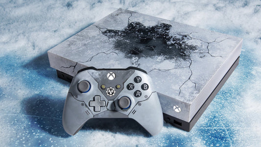 Xbox One X (XONE) [1 TB][Gears of War 5 Limited Edition] in Good Condition at Gamers INC, featuring a stunning translucent casing with a laser-etched "Snow Weathered" design, the specialized Kait Diaz Xbox Wireless Controller, and powerful 4K HDR gaming performance for the ultimate Gears of War fan collection promotional