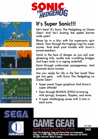 Sonic the Hedgehog back cover art for Sega Game Gear (GG) video game