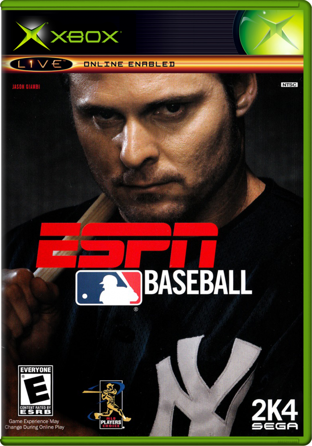Front Cover of ESPN Baseball 2K4 game for Xbox with a player holding a bat. 