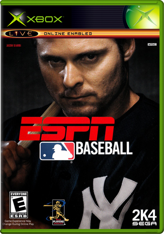 Front Cover of ESPN Baseball 2K4 game for Xbox with a player holding a bat. 