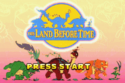 The Land Before Time Collection for Game Boy Advance, title screen for a retro video game featuring side-scrolling platforming gameplay, character-based adventures, family-friendly challenges, and movie-inspired prehistoric action