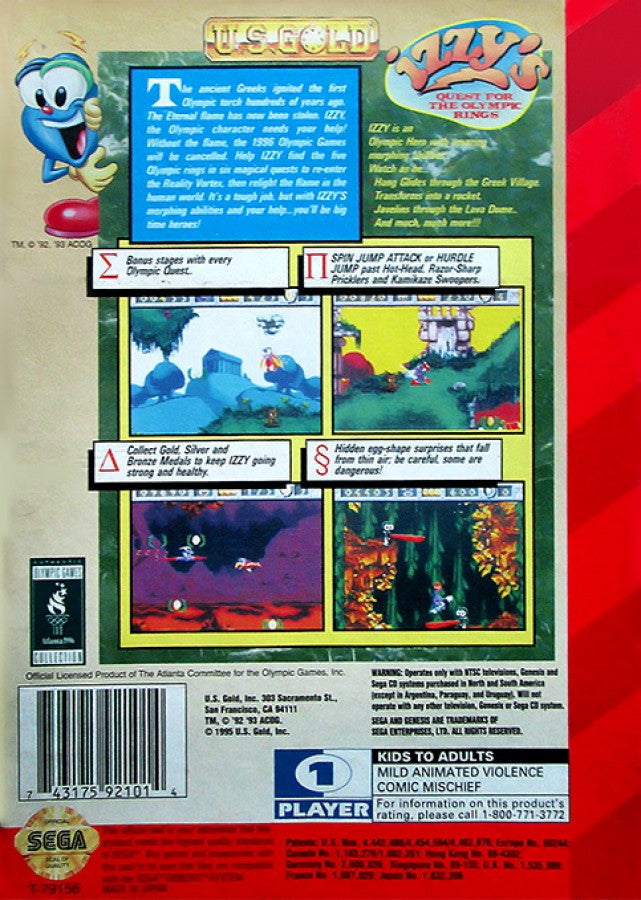 Izzy's Quest for the Olympic Rings back cover art for Sega Genesis (GEN) video game
