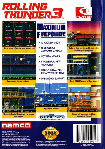 Rolling Thunder 3 back cover art for Sega Genesis (GEN) video game