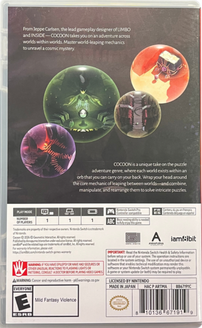 Cocoon Nintendo Switch inspired design featuring atmospheric puzzle adventure aesthetic mysterious alien worlds mind bending environmental challenges seamless world shifting mechanics artistic sci fi exploration immersive indie gaming presentation rear art 
