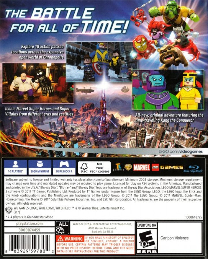 LEGO Marvel Super Heroes 2 back cover art for PlayStation 4 video game. 