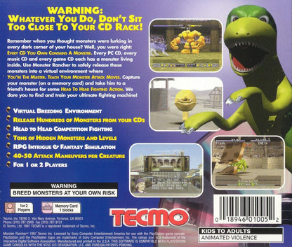 Monster Rancher PlayStation 1 life simulation video game Tecmo raise train battle unique monsters generate creatures from any compact disc ranch management fantasy tournaments E-Everyone animated violence back cover art