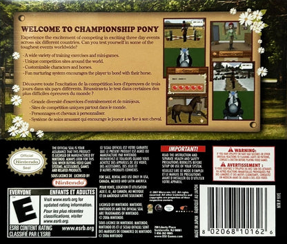 Championship Pony game for the Nintendo DS featuring horse care and riding gameplay with training events customization mini games and simulation elements focused on raising and competing with ponies back cover art