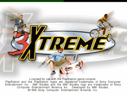 3Xtreme PlayStation 1 extreme sports racing video game inline skating biking skateboarding street luge stunts time trials competition modes title screen