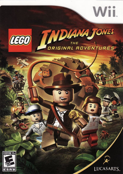 Retro LEGO Indiana Jones Wii inspired design featuring classic adventure puzzle platform gameplay aesthetic blocky LEGO humor treasure hunting action ancient ruins exploration whip cracking cinematic moments nostalgic Nintendo Wii family gaming presentation coverr art 