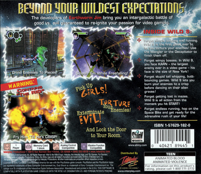 Wild 9 PS1 PlayStation 1 action platformer game sci fi puzzle combat whip based gameplay retro video game back 