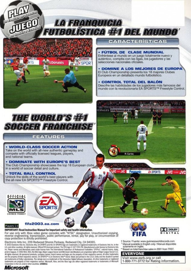 Fifa Soccer 2003 back cover art for XBOX (XBOX) video game