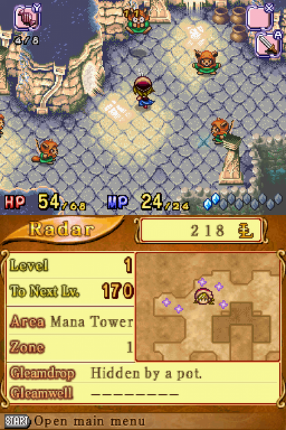 Children of Mana Nintendo DS game featuring action RPG gameplay with real time combat dungeon exploration character progression and cooperative multiplayer in the Mana series fantasy world gameplay