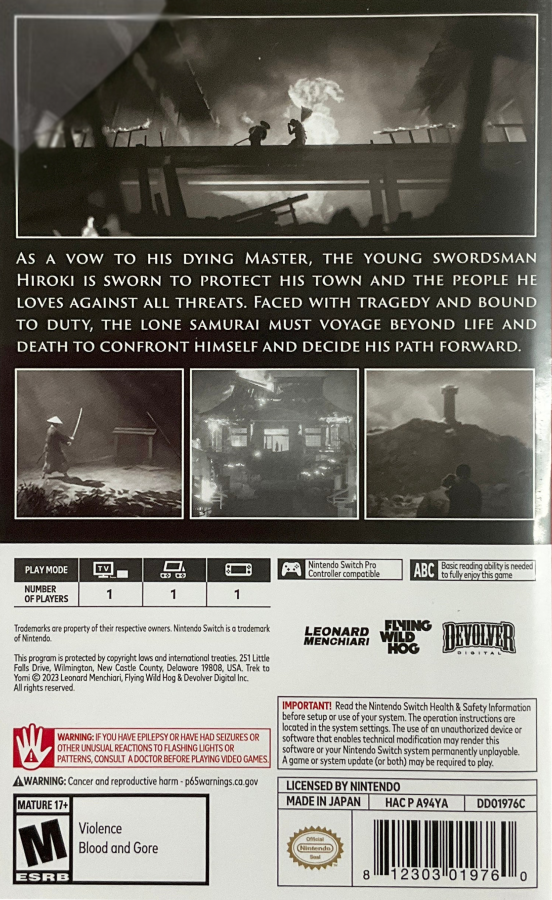 Trek to Yomi Nintendo Switch inspired design featuring cinematic samurai action adventure aesthetic black and white film inspired visuals side scrolling sword combat atmospheric storytelling feudal Japan setting emotional journey driven gameplay and stylized presentation back cover