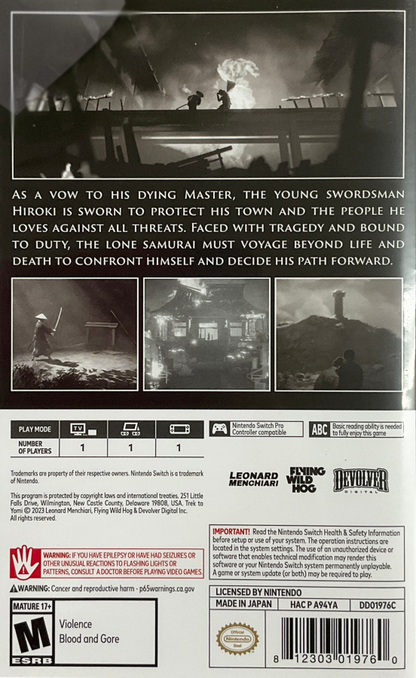 Trek to Yomi Nintendo Switch inspired design featuring cinematic samurai action adventure aesthetic black and white film inspired visuals side scrolling sword combat atmospheric storytelling feudal Japan setting emotional journey driven gameplay and stylized presentation back cover