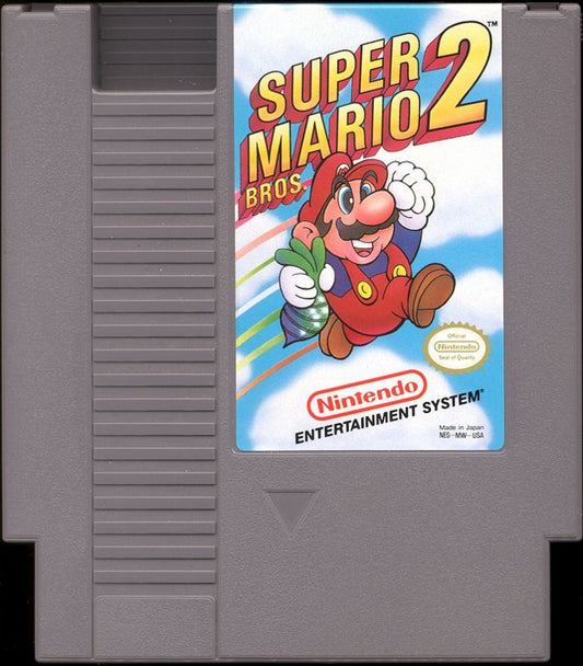 Super Mario Bros. 2 cartridge for the Nintendo Entertainment System featuring a colorful 8 bit platformer with Mario Luigi Princess Toadstool and Toad exploring dreamlike worlds with unique abilities and enemy throwing gameplay cartridge