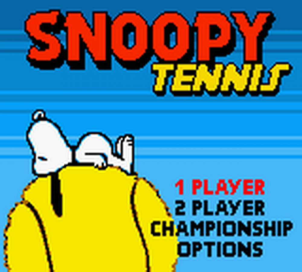 Snoopy Tennis for Game Boy Color, title screen for a sports arcade video game with tennis gameplay, character-based matches, cartoon-style visuals, and casual competitive gameplay