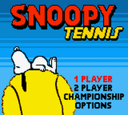 Snoopy Tennis for Game Boy Color, title screen for a sports arcade video game with tennis gameplay, character-based matches, cartoon-style visuals, and casual competitive gameplay