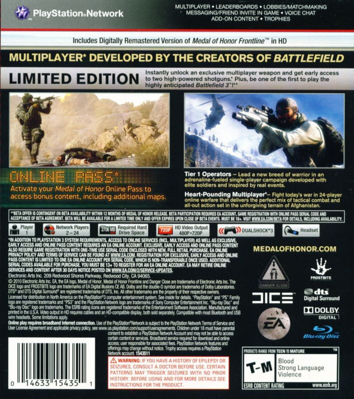 Medal of Honor Limited Edition PlayStation 3 PS3 video game, first-person shooter, modern military combat, multiplayer action, special edition title back cover art