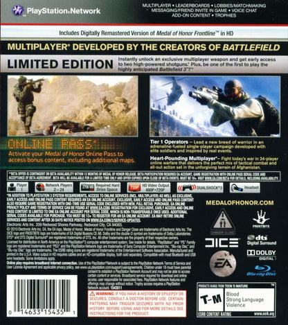 Medal of Honor Limited Edition PlayStation 3 PS3 video game, first-person shooter, modern military combat, multiplayer action, special edition title back cover art