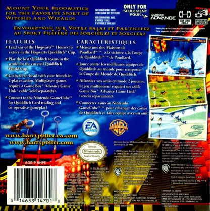 Harry Potter Quidditch World Cup for Game Boy Advance, back of case for a sports action video game with Quidditch gameplay, team-based matches, character abilities, and wizarding world competition