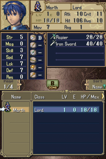 Fire Emblem Shadow Dragon cartridge for the Nintendo DS featuring turn based tactical RPG gameplay with grid based battles character progression and story driven missions as Prince Marth fights to save the kingdom gameplay
