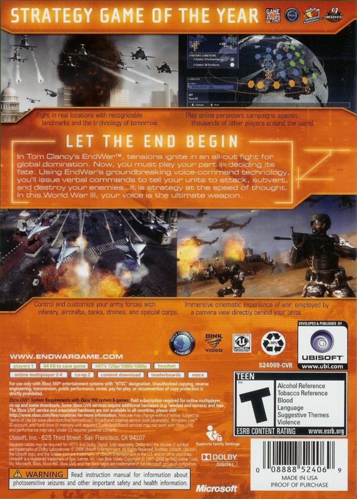 Tom Clancy's EndWar for Xbox 360 real time strategy war game voice command controls modern military units tactical campaign multiplayer modes back cover art