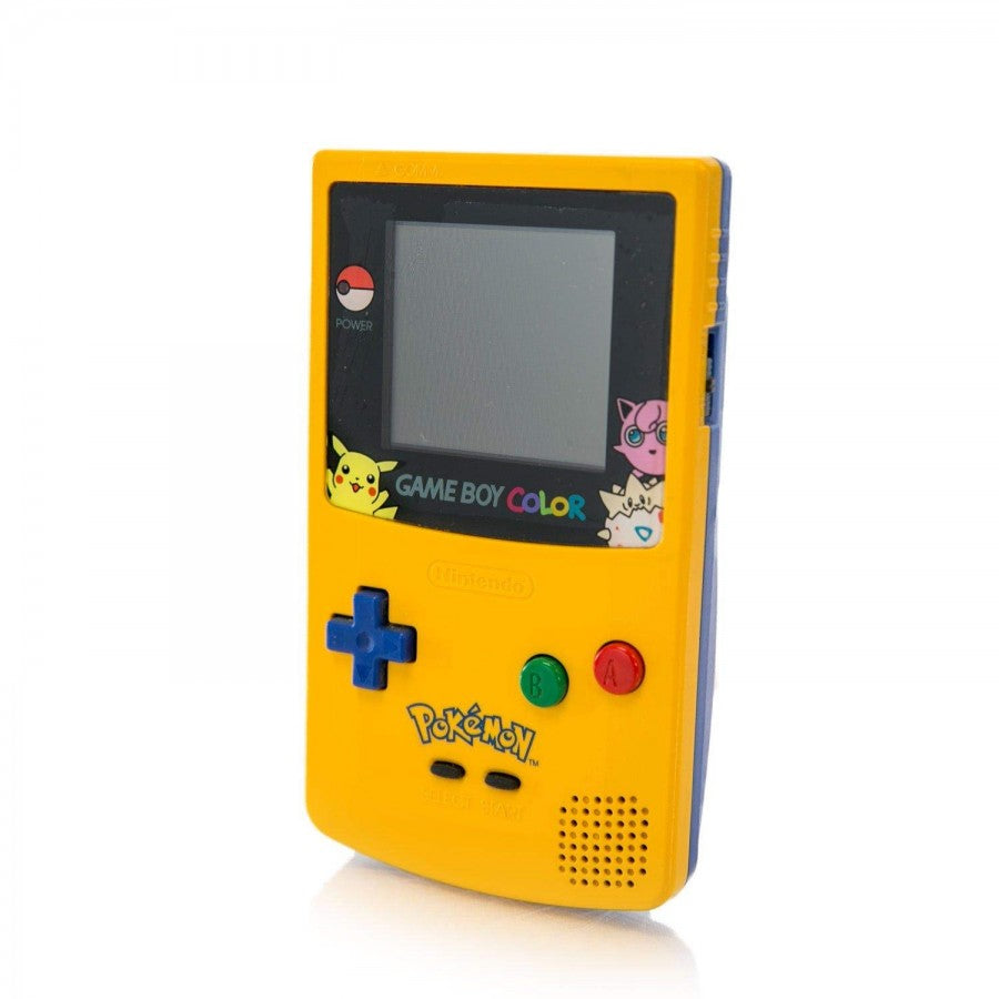 Nintendo Game Boy Color Pokémon Special Pikachu Edition handheld gaming system featuring vibrant yellow Pikachu themed design blue and yellow control buttons portable gaming compatible with Game Boy and Game Boy Color games battery powered Nintendo hardware iconic Pokémon collectible console gaming appeal