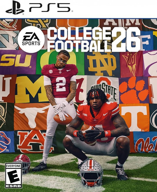 EA Sports College Football 26 PlayStation 5 college football simulation video game featuring 136 FBS schools over 300 authentic coaches 2700 new plays Dynasty Road to Glory College Ultimate Team Road to the College Football Playoff enhanced Stadium Pulse Home Field Advantage dynamic substitutions wear and tear mechanics Heisman Trophy journey recruiting portal authentic game day atmospheres fight songs commentary front cover