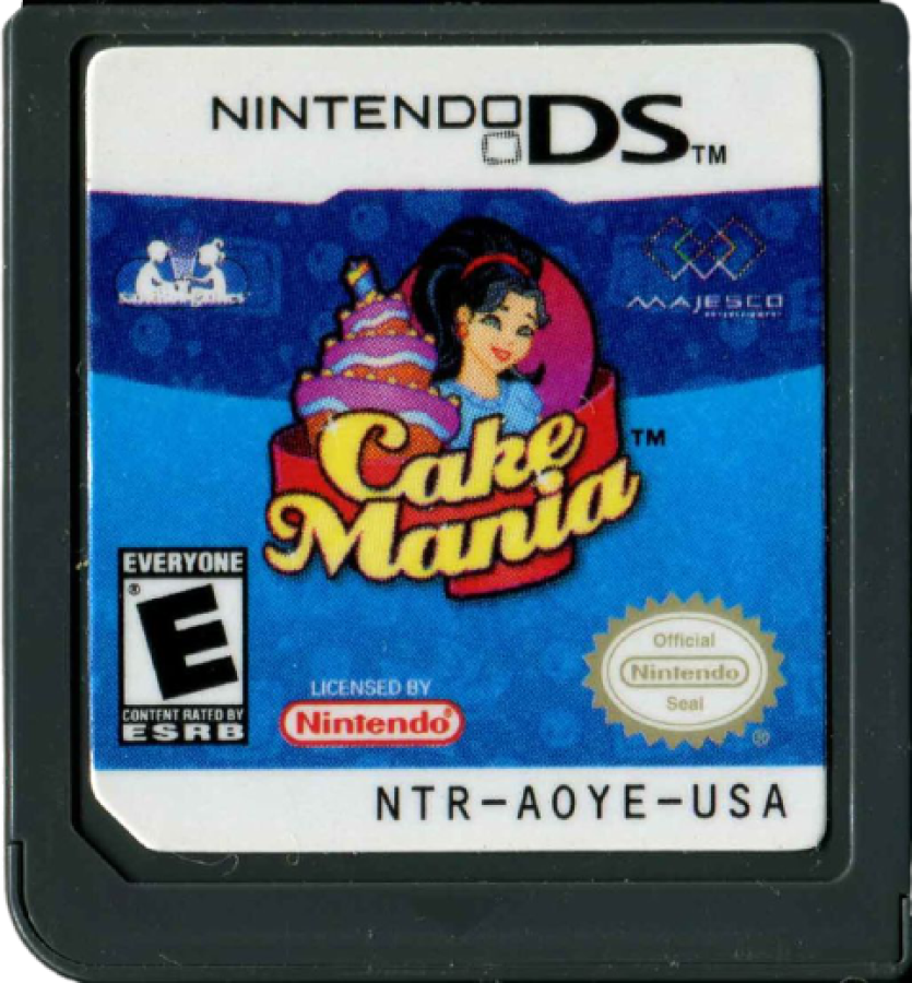 Cake Mania Nintendo DS DS video game featuring bakery time management simulation gameplay cake baking dessert decorating customer service order fulfillment frosting pastries ingredient preparation kitchen upgrades fast paced baking challenges business management colorful bakery environments touchscreen controls and classic Nintendo DS handheld casual gaming retro video game collection collectible gaming appeal game cartridge