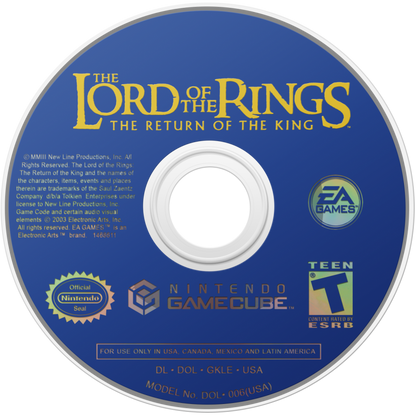 Disc art for The Lord of the Rings The Return of the King Player’s Choice GameCube game featuring cooperative action gameplay based on the epic fantasy film 