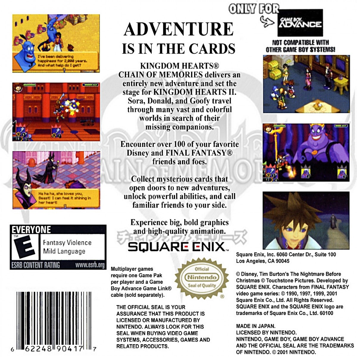 Kingdom Hearts Chain of Memories for Game Boy Advance, back of case for an action role-playing video game with card-based combat, real-time battles, character progression, and Disney-inspired storyline