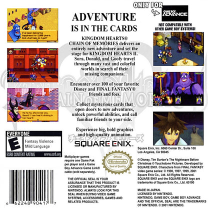 Kingdom Hearts Chain of Memories for Game Boy Advance, back of case for an action role-playing video game with card-based combat, real-time battles, character progression, and Disney-inspired storyline