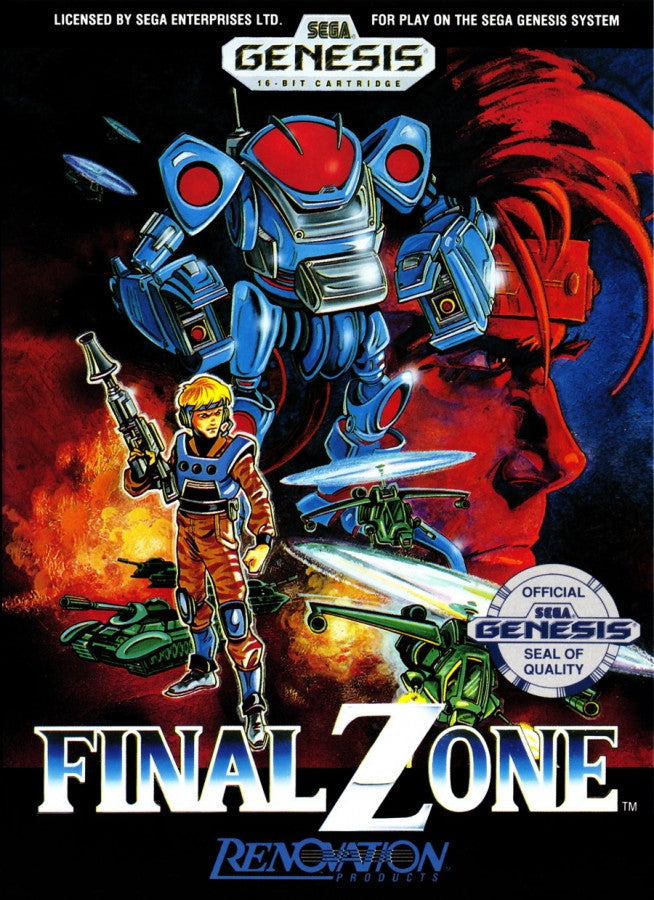 Final Zone Sega Genesis GEN video game featuring action shooter gameplay futuristic combat mech battles enemy attacks weapon upgrades challenging missions strategic movement and classic 16 bit Sega gameplay retro video game collection collectible gaming appeal front cover art