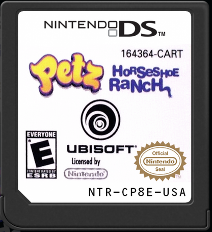 Petz Horseshoe Ranch for Nintendo DS (DS), cartridge for a retro video game featuring horse care simulation gameplay, ranch management, riding challenges, pet customization, and family-friendly adventure activities