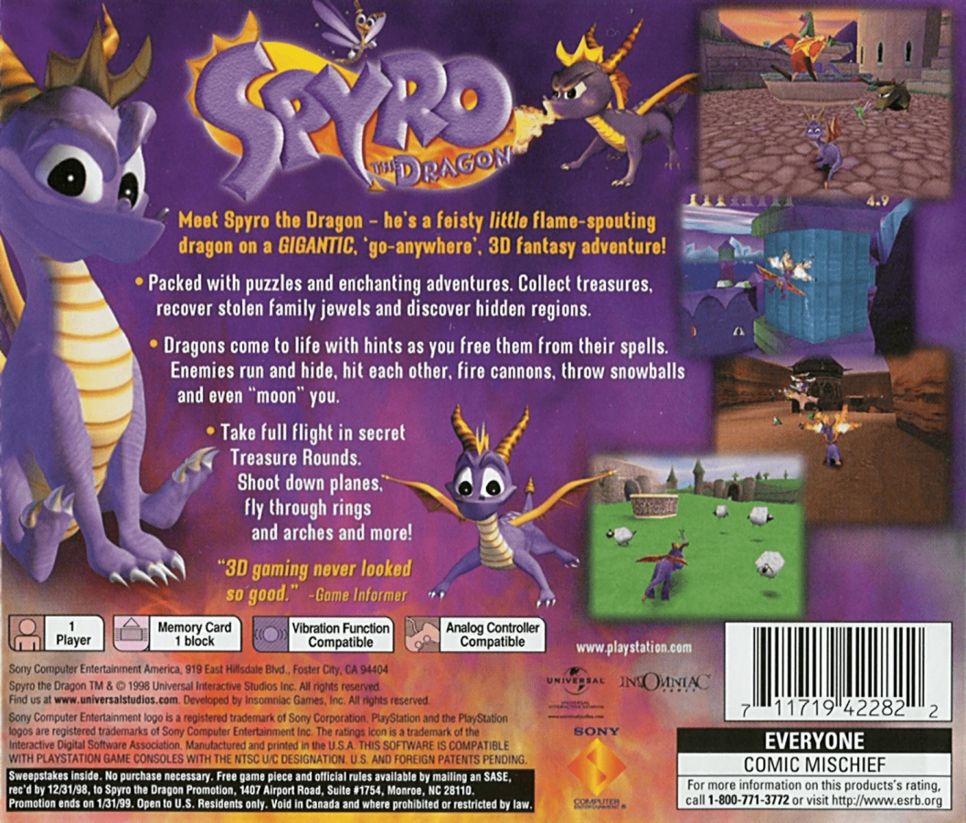 Spyro the Dragon back of case for PlayStation 1 (PS1) platformer adventure video game
