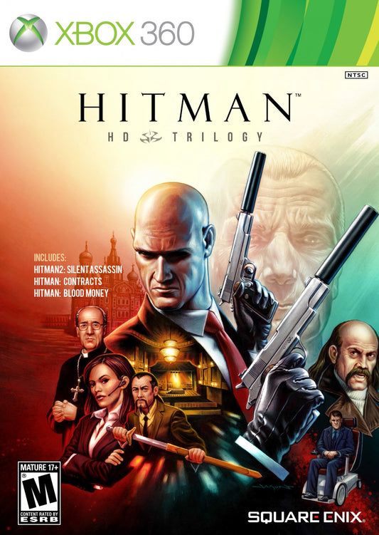Hitman HD Trilogy Xbox 360 game featuring remastered versions of Hitman 2 Silent Assassin Hitman Contracts and Hitman Blood Money with stealth based gameplay open ended assassination missions upgraded HD visuals and the iconic Agent 47 experience front cover art