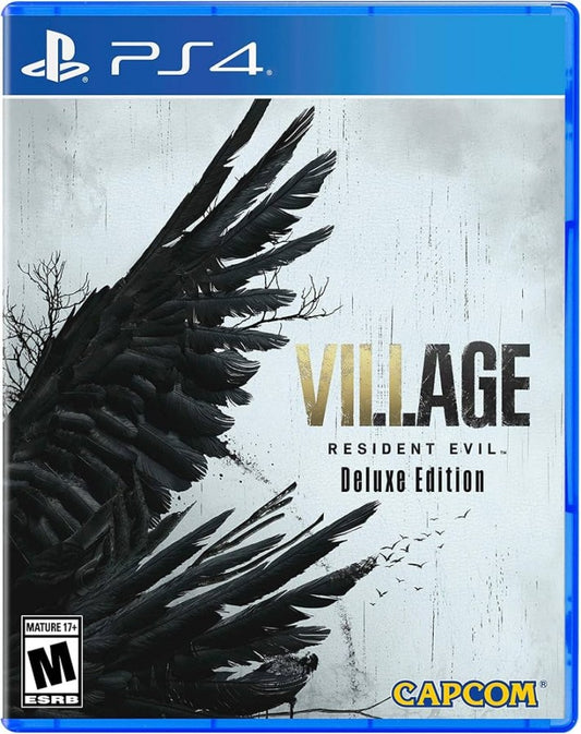 Resident Evil Village Deluxe Edition PlayStation 4 PS4 for video game enthusiasts featuring survival horror gameplay first person action terrifying enemies immersive exploration atmospheric storytelling deluxe edition bonus content and collectible gaming appeal front cover