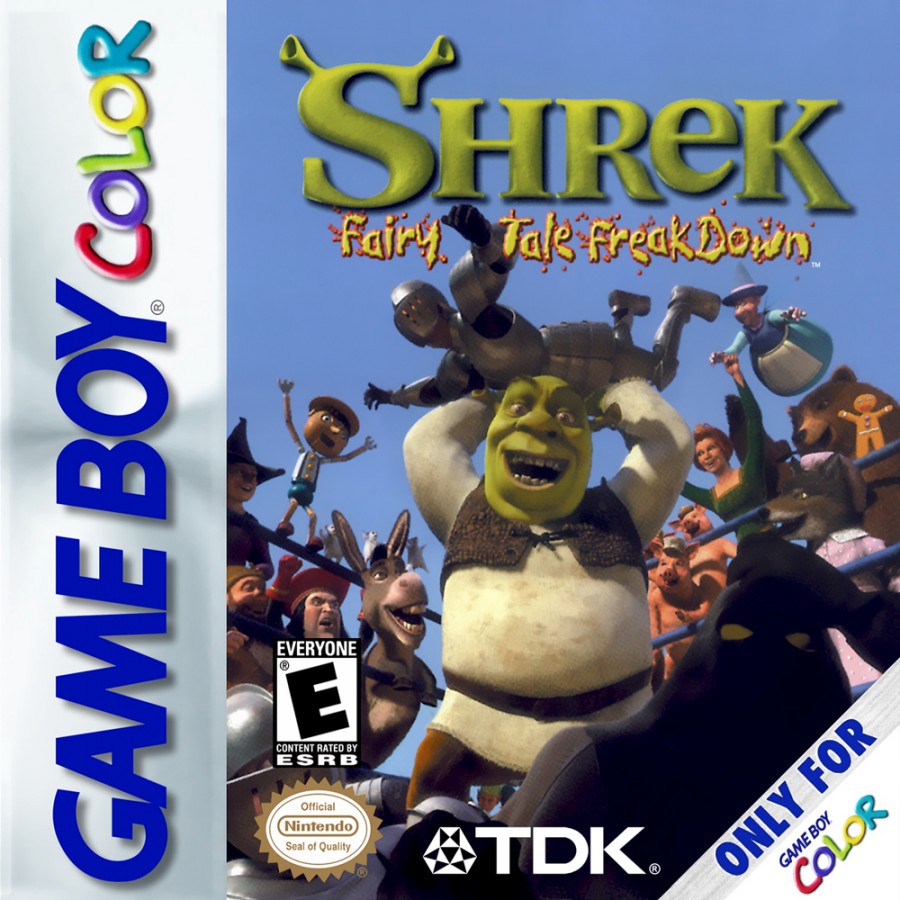 Shrek Fairy Tales Freakdown Game Boy Color GBC cover art featuring fairy tale inspired fighting gameplay colorful cartoon aesthetics playable Shrek universe characters fast paced one on one battles portable handheld gaming action classic Game Boy Color entertainment and collectible retro gaming appeal
