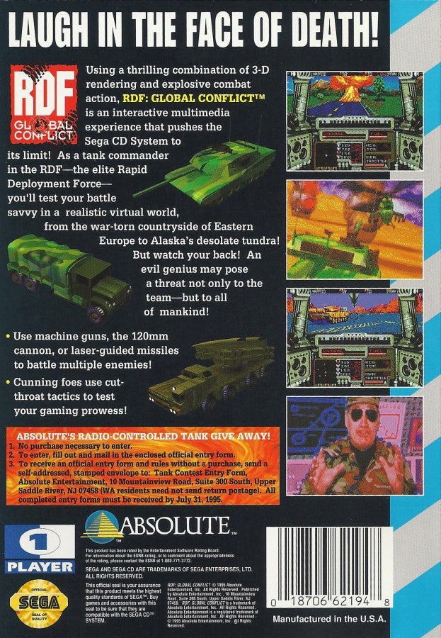 RDF Global Conflict Sega CD full motion video FMV military strategy shooter futuristic war setting live action cutscenes tactical combat missions sci fi armored vehicle gameplay interactive movie style retro gaming Sega CD software video game title back cover art