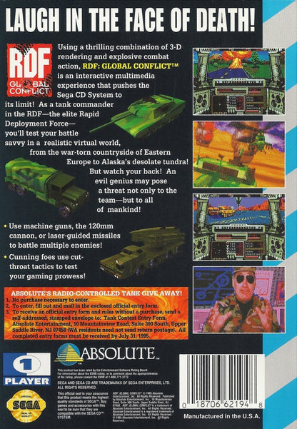 RDF Global Conflict Sega CD full motion video FMV military strategy shooter futuristic war setting live action cutscenes tactical combat missions sci fi armored vehicle gameplay interactive movie style retro gaming Sega CD software video game title back cover art