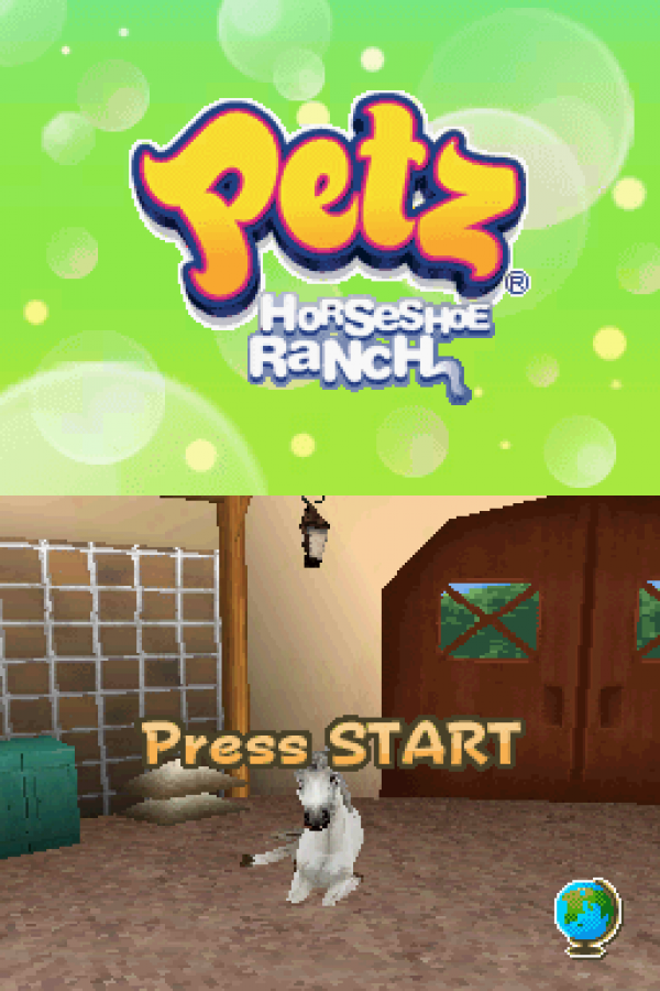 Petz Horseshoe Ranch for Nintendo DS (DS), start screen for a retro video game featuring horse care simulation gameplay, ranch management, riding challenges, pet customization, and family-friendly adventure activities