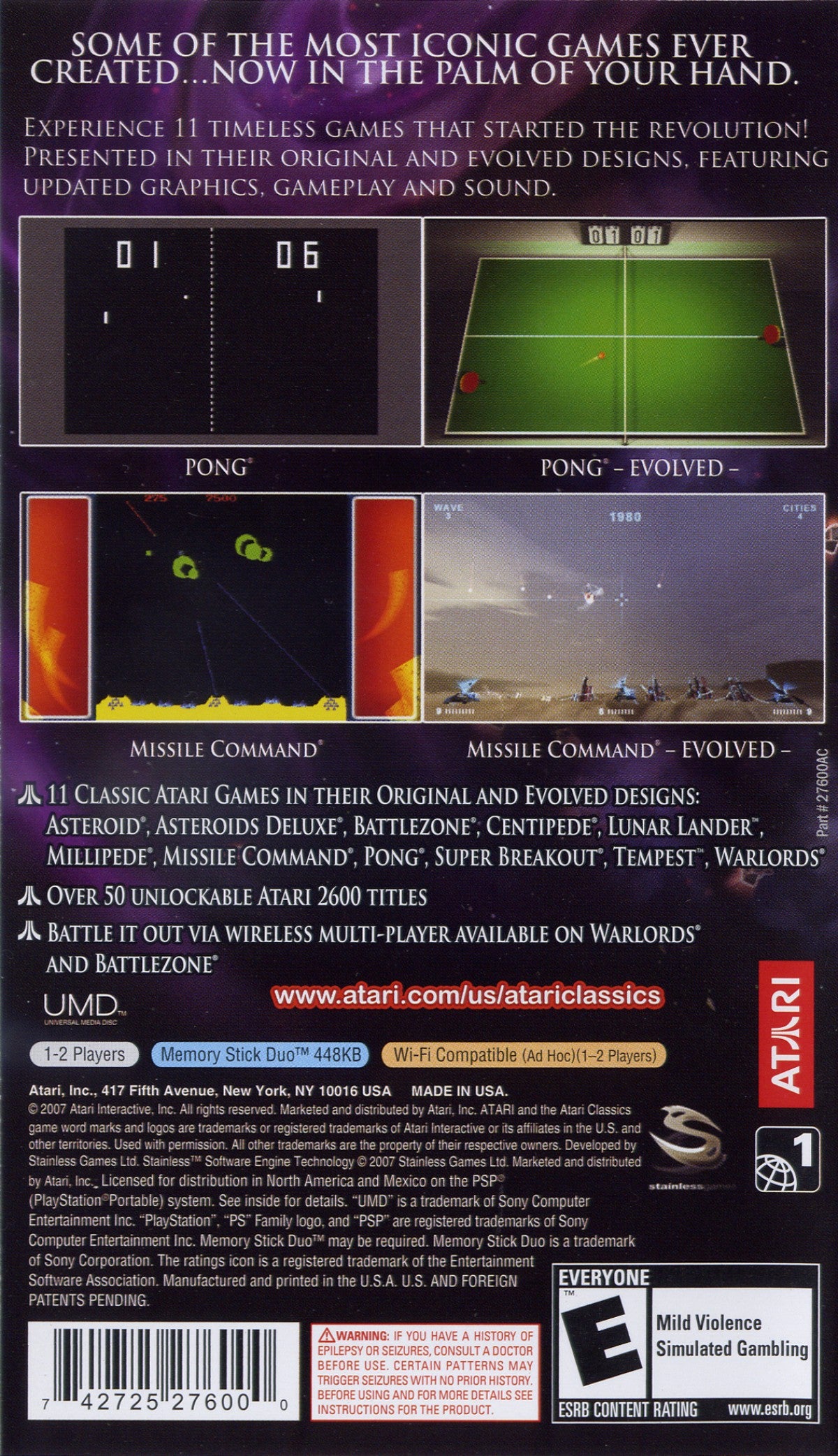 Atari Classics Evolved PlayStation Portable PSP for retro video game fans featuring classic Atari arcade games updated versions enhanced visuals timeless arcade gameplay space shooters action puzzles nostalgic gaming collection handheld entertainment collectible gaming appeal back cover art