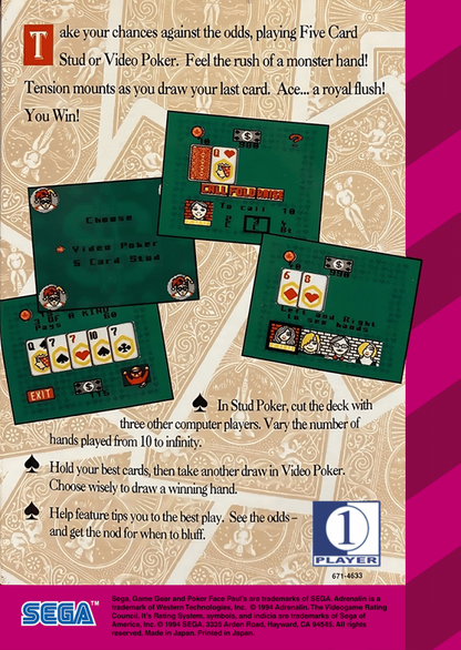 Poker Face Paul's: Poker back cover art for Sega Game Gear (GG) video game