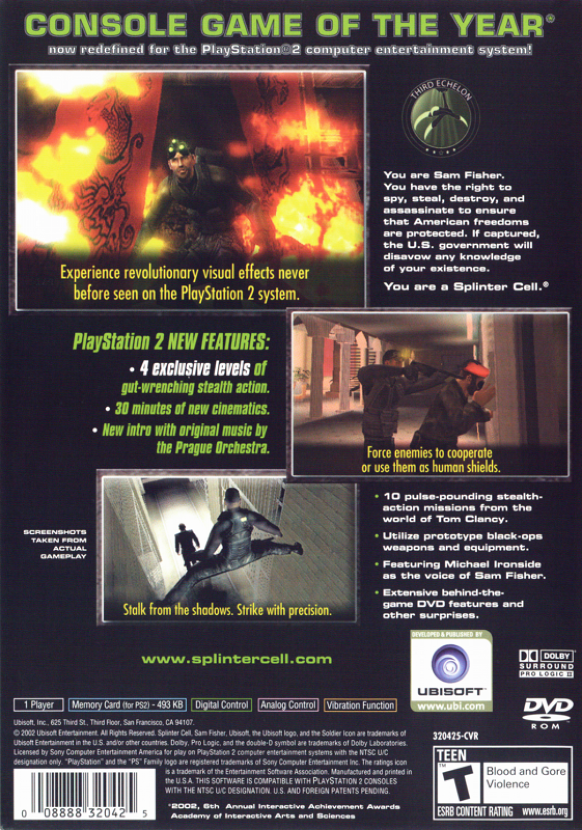 Tom Clancys Splinter Cell Stealth Action Redefined PS2 PlayStation 2 stealth action game tactical espionage infiltration night vision gadget based gameplay retro video game back of case Greatest Hits edition