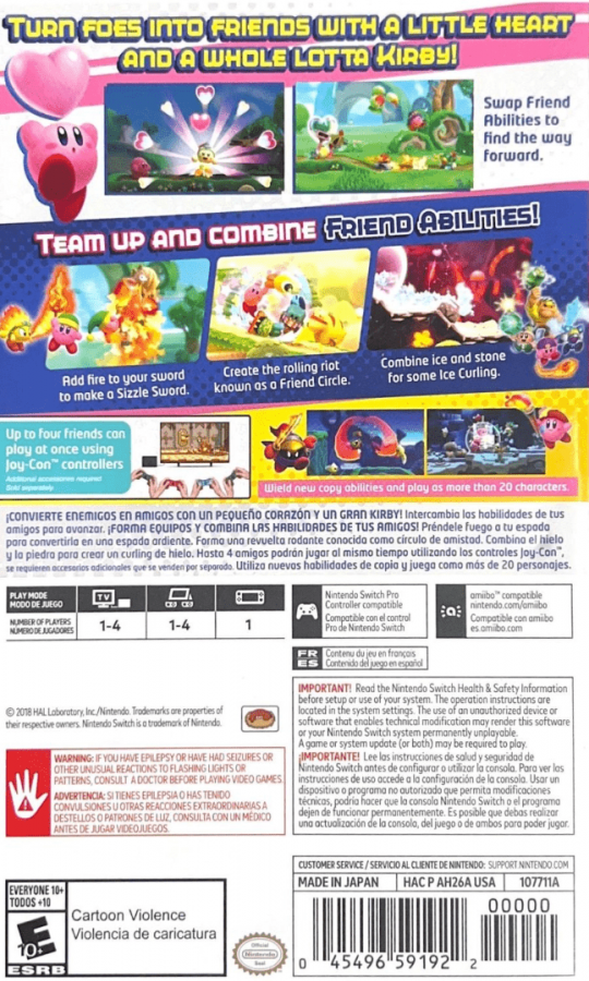 Kirby Star Allies back of box for Nintendo Switch (NS) video game