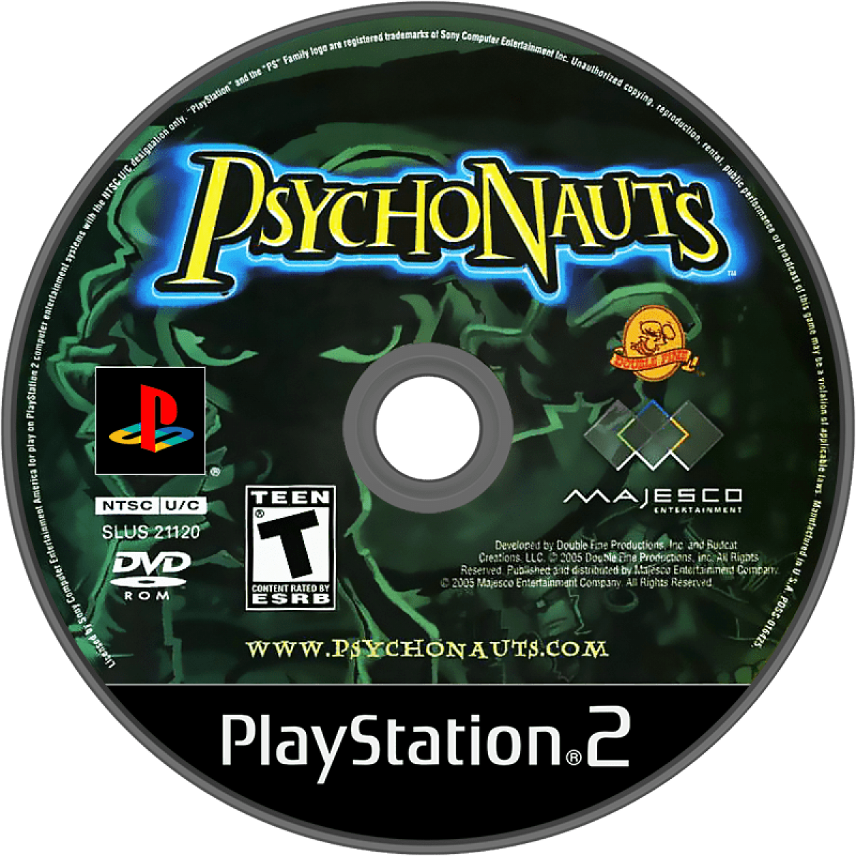 Psychonauts PlayStation 2 PS2 video game featuring action platforming adventure gameplay Raz character psychic abilities mind based environments puzzle solving enemy battles colorful worlds and classic PlayStation 2 gameplay retro video game collection collectible gaming appeal disc