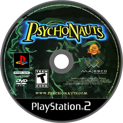 Psychonauts PlayStation 2 PS2 video game featuring action platforming adventure gameplay Raz character psychic abilities mind based environments puzzle solving enemy battles colorful worlds and classic PlayStation 2 gameplay retro video game collection collectible gaming appeal disc