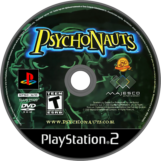Psychonauts PlayStation 2 PS2 video game featuring action platforming adventure gameplay Raz character psychic abilities mind based environments puzzle solving enemy battles colorful worlds and classic PlayStation 2 gameplay retro video game collection collectible gaming appeal disc